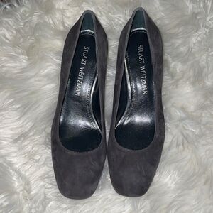 Stuart Weitzman Mary Square Toe Gray Suede Low Heel Pumps